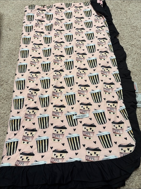 Posh Peanut Other - Posh Peanut Pink Coffee Cup Print Blanket with Black Ruffle